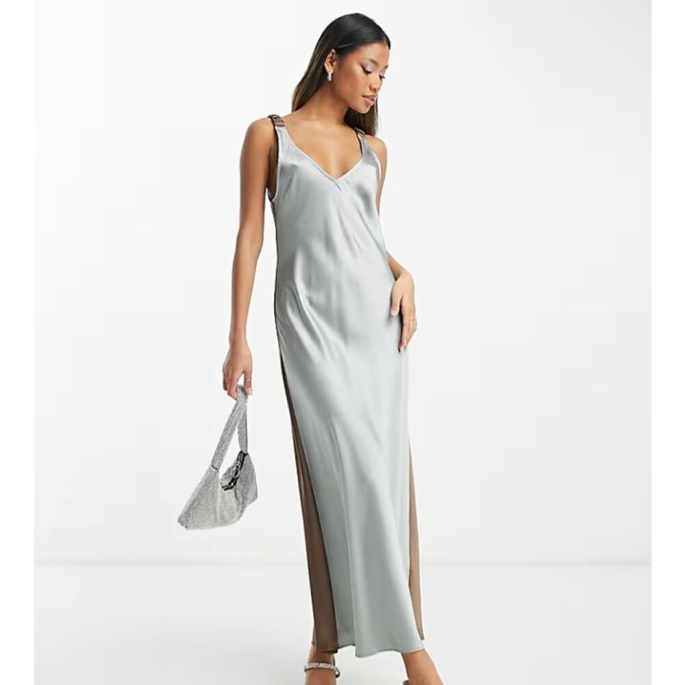 ASOS DESIGN elasticated back satin slip midi dress in grey and mocha Womens 6